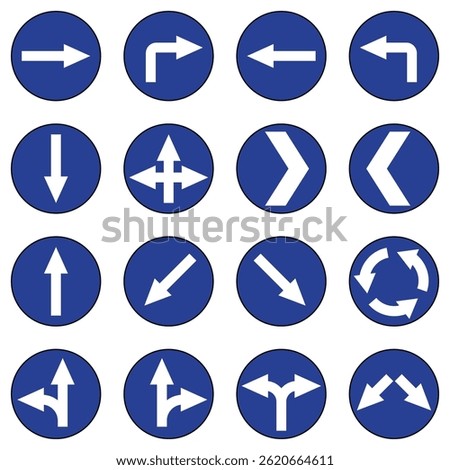 Blue circular road signs indicating mandatory driving directions such as turn left, go straight, and turn right.