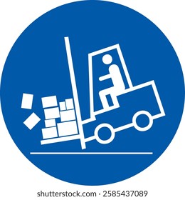 Blue circular safety sign, forklift tipping over, with boxes falling, forklift hazards, caution and proper handling in industrial workplaces