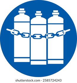 blue circular safety sign, gas cylinders secured by a chain, mandatory requirement to properly secure gas tanks, prevent accidents.