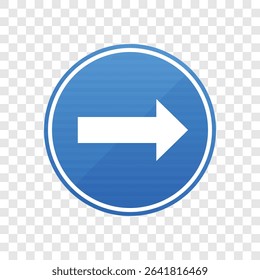 A blue circular sign with a clear white arrow pointing right against a transparent backdrop. It's a minimalistic and universally understood direction sign.