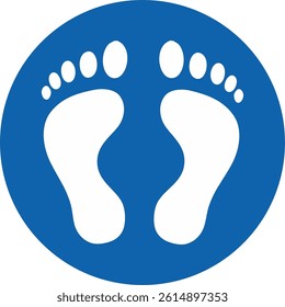 blue circular sign, footprints, side-by-side, indicating a designated standing area or a place where people should stand