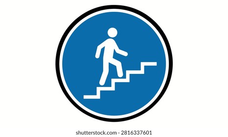 A blue circular sign with a white stick figure ascending a staircase, symbolizing upward movement, an exit, or a mandatory path for pedestrians.