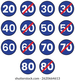 Blue circular signs indicating minimum speed limits and end of minimum speed limits on roads.