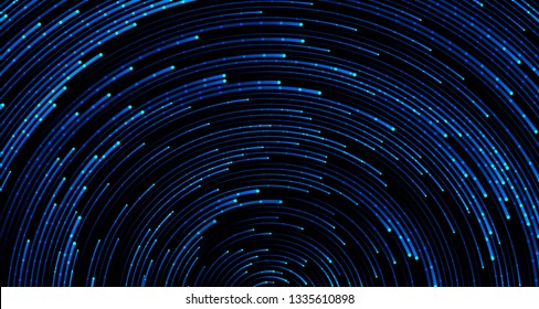 Blue circular sparkling background. Abstract starry sky or outer space. Vector rotating lines with light effect