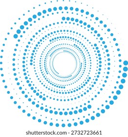 Padrão espiral circular azul de pontos de tamanhos variados em um fundo branco criando um efeito de vórtice