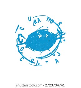 Sello circular azul con texto ilegible y forma ovalada central