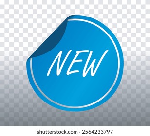 Blue circular sticker with New text, featuring a curled edge and minimal design on a transparent background. Perfect for promotions, advertising, and marketing materials. Modern vector illustration