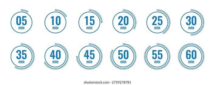 Blue circular timer icons indicating time intervals from 5 to 60 minutes in five-minute increments. Each icon features a central numerical value, the abbreviation min, and a corresponding dashed progress ring on a clean white background.