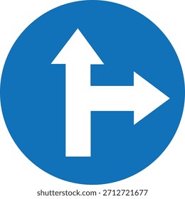 Sinal de trânsito circular azul com setas brancas apontando para cima e para a direita em plano de fundo transparente isolado para direção e navegação