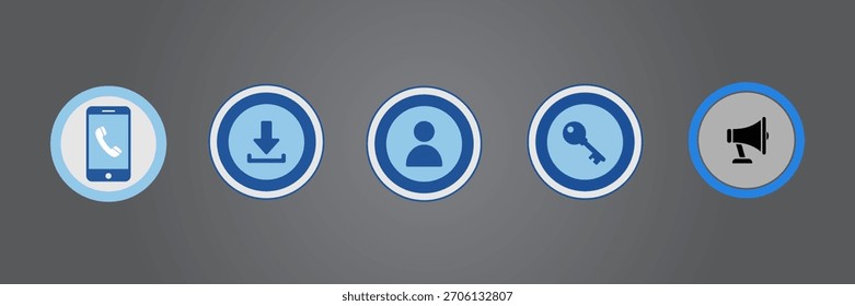 Blue Circular UI Icons Pack - Telefon, Download, Benutzerprofil, Schlüssel, Megaphon-Symbol für Apps und Web