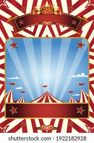 A blue circus background for a poster with a big top in a blue sky with sunbeams !