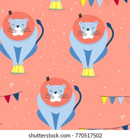 Blue circus lion. Hand drawn vector seamless pattern