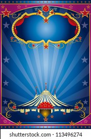 Blue Circus Night. A circus vintage poster with a stage and sunbeams for your advertising .