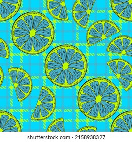 Citrus azul sobre un fondo a cuadros. Patrón de frutas de cítricos azules sobre fondo azul. Sencillo fondo para tejidos, textiles, embalajes y papel pintado. Ilustración del vector