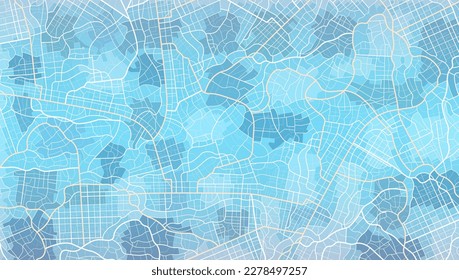 Blue city area, background map, streets. Skyline urban panorama. Cartography illustration. Widescreen proportion, digital flat design streetmap.