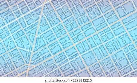 Blue city area, background map, streets. Skyline urban panorama. Cartography illustration. Widescreen proportion, digital flat design streetmap.