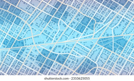 Blue city area, background map, streets. Skyline urban panorama. Cartography illustration. Widescreen proportion, digital flat design streetmap.