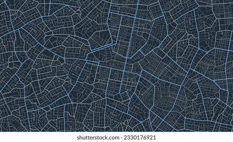 Blue city area, background map, streets. Skyline urban panorama. Cartography illustration. Abstract transportation background, streetmap. Widescreen proportion, digita design streetmap. Vector