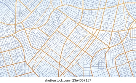 Área de la ciudad azul, mapa de fondo, calles. Panorama urbano en Skyline, carreteras principales. Ilustración cartográfica. Proporción de pantalla ancha, mapa de líneas de diseño plano. Vista superior de Ciudad del vector. Ver desde arriba del mapa