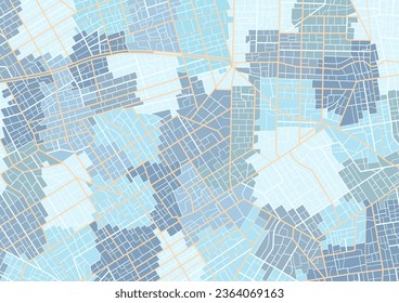 Blue city area, background map, streets. Skyline urban panorama. Cartography illustration. Widescreen proportion, digital flat design streetmap. Vector City top view. View from above the map