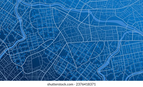 Área de la ciudad azul, mapa de fondo, calles. Panorama urbano en Skyline. Ilustración cartográfica. Proporción panorámica, mapa digital plano de diseño. Vista superior de Ciudad del vector. Ver desde arriba del mapa