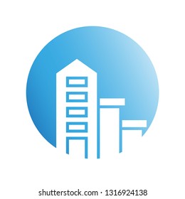 blue city building in circle shape icon
