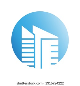 blue city building in circle shape icon
