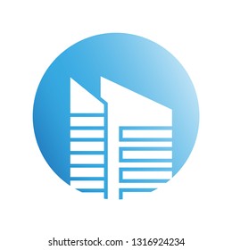 blue city building in circle shape icon