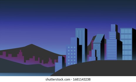 blue of city building in night flat illustration vector, night urban cityscape for background 