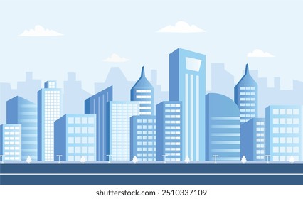 Blue city buildings with lamps. Monochrome urban landscape with clouds. Cityscape. Modern architectural flat-style vector illustration. Vector background.