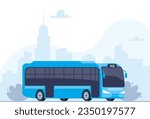 Blue City bus. Passenger transport side view. Public transport on city background. Modern touristic bus. Vector illustration