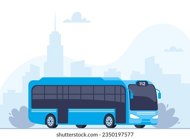 Autobús de la Ciudad Azul. Vista lateral del transporte de pasajeros. Transporte público de fondo. Autobús turístico moderno. Ilustración del vector