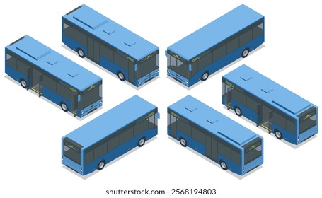 Blue city buses. Isometric vector illustration of blue city buses. Focused on public commuting, urban transportation, and transit network visuals