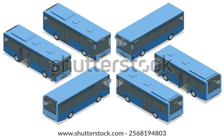 Blue city buses. Isometric vector illustration of blue city buses. Focused on public commuting, urban transportation, and transit network visuals