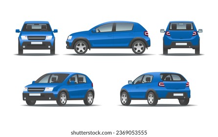 Blue city car in different types on a white background. Family hatchback. Vector illustration in cartoon style