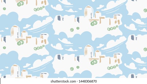 blue city landscape abstract outdoor seamless pattern soft color vector