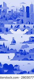 Blue city landscape vector illustration with river, buildings and transport. Monochrome vertical cityscape background, urban property architecture and eco environment concept.