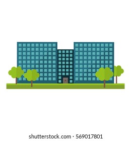 Blue city office building with trees image, vector illustration