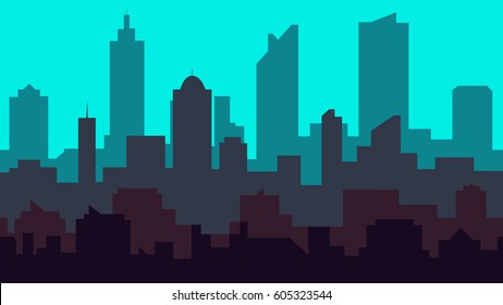 blue city scape with silhouette of tall skyscrapers buildings in seamless pattern design