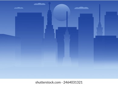 Blue city skyline. Night city blue.Modern design. Vector design. Neon light. Future technology background.