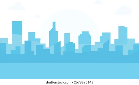 Horizonte da Cidade Azul com Sol e Reflexão - Ilustração Urbana Minimalista
