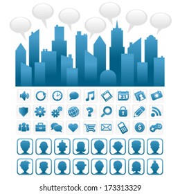 Blue city with social media icons and people avatars