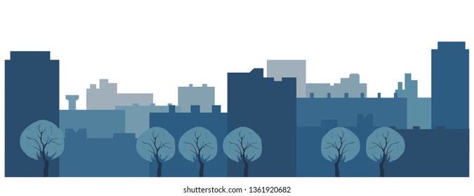 Blue cityscape. Background image of the city in denim colors. Architectural landscape. Multiple city perspective. Urban landscape.