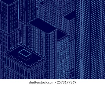 Blue cityscape with buildings and a rooftop. The buildings are tall