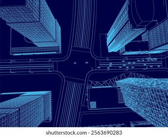 Blue cityscape with a crosswalk and a street view of a city. The buildings are tall and the street is busy with cars