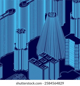 A blue cityscape with many buildings and a large tower. The buildings are tall and the sky is blue. Isometric view