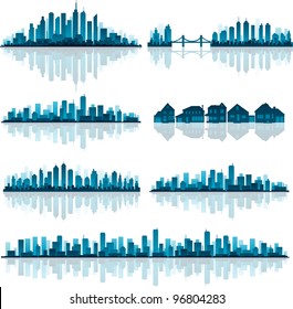 Blaue Silhouette der Stadt mit Reflexion