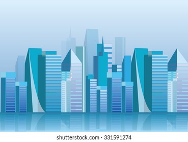 Blue cityscape with skyscrapers . Abstract vector background