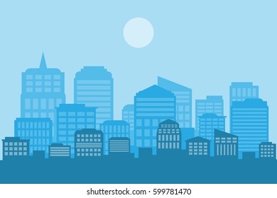 blue cityscape with sun on blue sky.vector and illustration