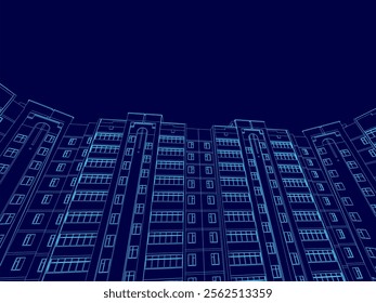 Blue cityscape with tall buildings and a dark sky. The buildings are lit up in blue, giving the impression of a futuristic city. Scene is one of awe and wonder